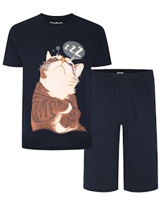 Bigdude Sleeping Cat Print Pyjama Set Navy